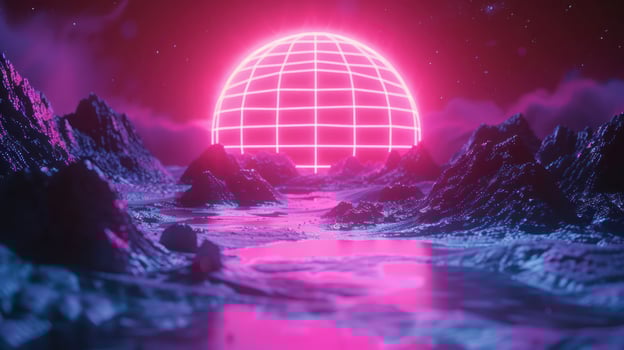Futuristic landscape featuring a glowing grid globe over shimmering waters and mountains photo