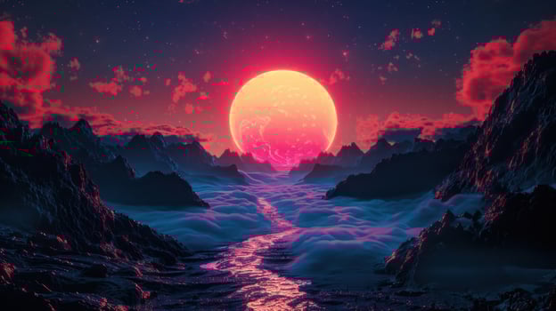 Vibrant sunset over a surreal landscape with mountains and misty river reflecting colors photo
