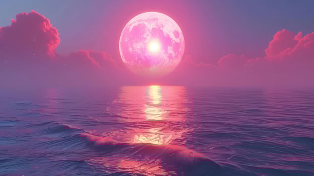 A serene landscape featuring a vibrant pink moon reflecting on calm ocean waters at twilight photo