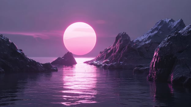 Serene sunset over rocky coastline with vibrant pink sun reflecting on calm waters photo