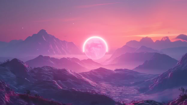 Surreal landscape at sunset with vibrant pink and purple hues illuminating mountains and valleys photo