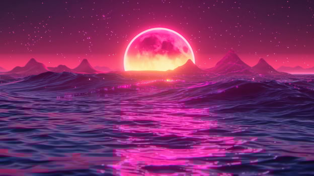 Surreal sunset over vibrant ocean waves with distant mountains under a starry sky photo