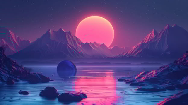 Surreal landscape with a vibrant pink sun setting over a calm lake surrounded by mountains photo