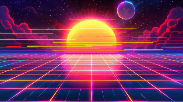 Vibrant retro-futuristic sunset over a digital landscape with neon grid and cosmic elements photo