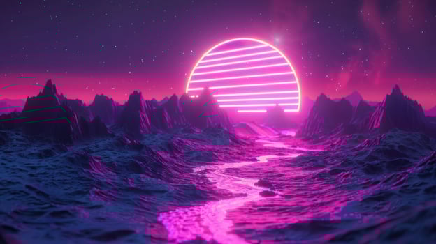 Futuristic neon landscape with vibrant mountains and a glowing sunset over a reflective river photo