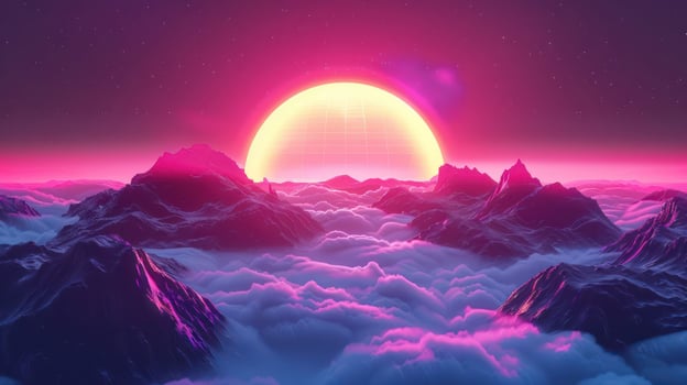 Vibrant sunset over majestic mountains with clouds, creating a surreal landscape atmosphere photo