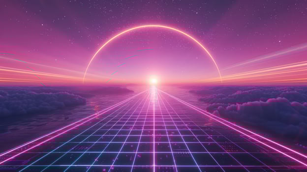 Futuristic landscape with a glowing grid pathway leading to a vibrant sunset over clouds photo