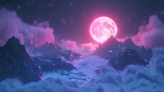 Surreal landscape featuring a vibrant pink moon illuminating majestic mountains and clouds photo