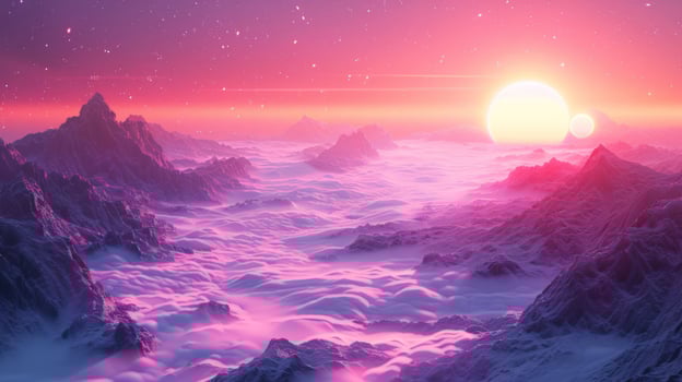 Surreal landscape at sunrise with vibrant colors illuminating misty mountains and distant planets photo