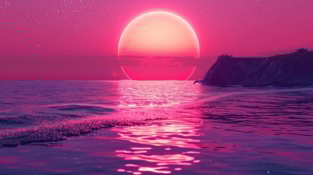 Vibrant sunset over tranquil ocean waves reflecting pink hues near a serene coastline photo