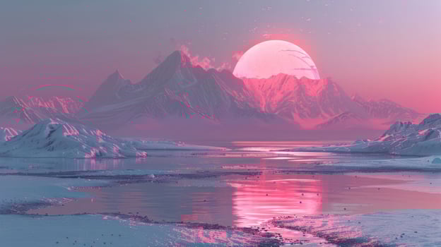 Serene twilight landscape with vibrant pink sun setting over icy mountains and reflective water photo