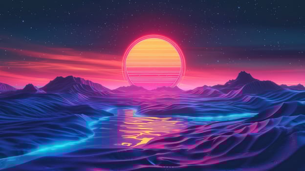 Vibrant digital landscape featuring a large sun setting over glowing mountains and a reflective river photo