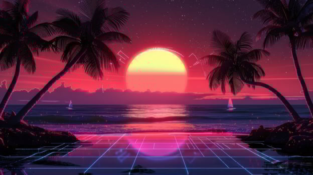 Vibrant sunset over a tranquil ocean with palm trees and distant sailboats, evoking serenity photo