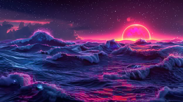 Vibrant sunset over turbulent ocean waves with neon colors reflecting in the water photo