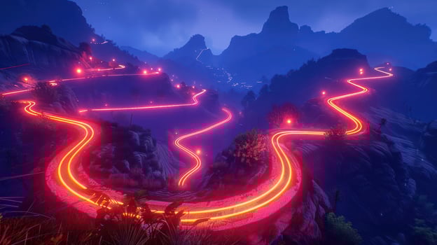 Serpentine road illuminated by glowing lights winds through mountainous terrain at night photo