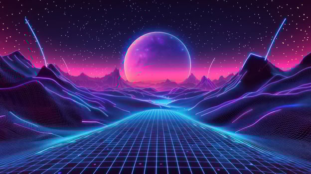 Futuristic landscape with neon-lit mountains and a vibrant purple moon in a digital universe photo