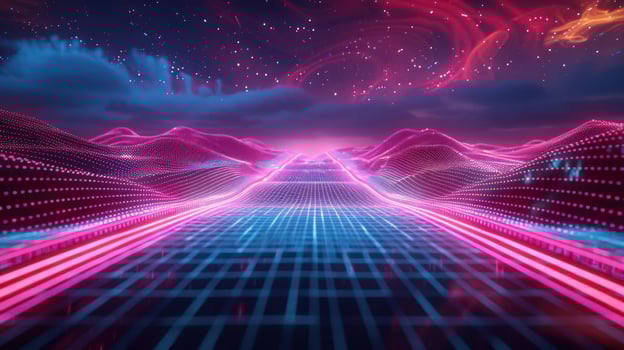 Futuristic landscape with neon lights and starry sky, depicting a vibrant digital world photo