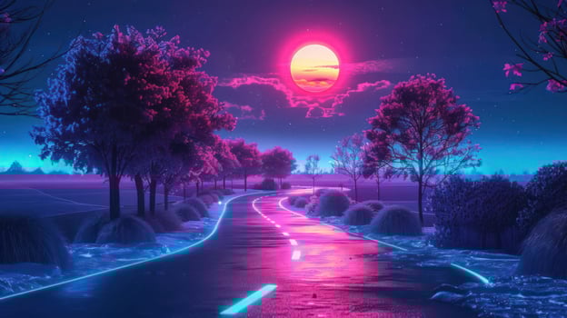 Surreal neon landscape featuring a vibrant sunset over a winding road surrounded by trees photo