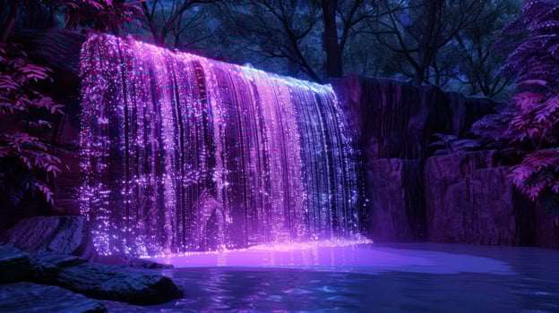 Vibrant illuminated waterfall cascading over rocks in a mystical forest at night photo