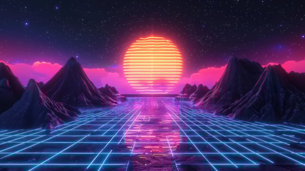 Vibrant retro landscape with neon sun setting over a grid-like water surface and mountains photo