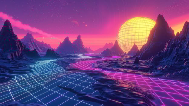 Vibrant futuristic landscape featuring mountains, glowing rivers, and a large sun in a cosmic setting photo