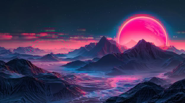 Surreal neon landscape with vibrant pink sun setting behind majestic mountains and valleys photo