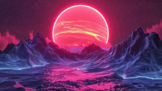 Vibrant cosmic landscape featuring a massive pink sun setting over alien mountains and water photo