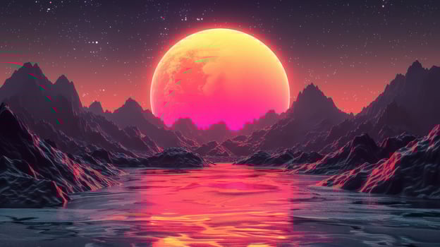 Vibrant sunset over alien landscape with mountains and reflective water creating a surreal atmosphere photo