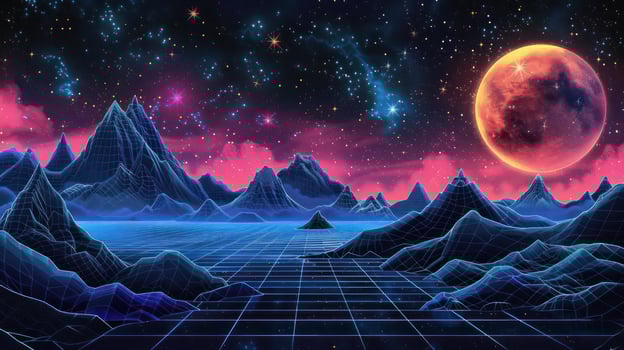 Futuristic landscape with neon mountains, starry sky, and a large red planet in the background photo