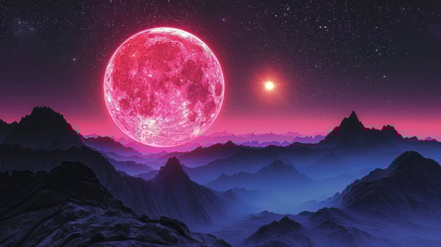 Stunning pink moon rises over majestic mountain range under starry sky at twilight photo