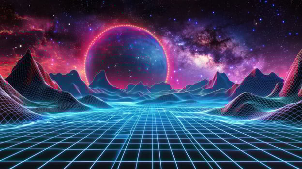Vibrant digital landscape featuring neon mountains under a cosmic sky with a large glowing planet photo