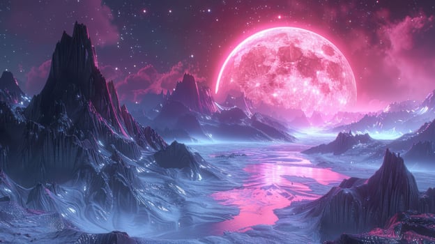 Ethereal pink moon illuminating a surreal landscape with jagged mountains and reflective waters photo