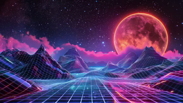 Vibrant neon landscape with mountains and a glowing moon under a starry sky at night photo