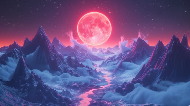Vibrant surreal landscape featuring a large pink moon illuminating a misty valley with mountains photo