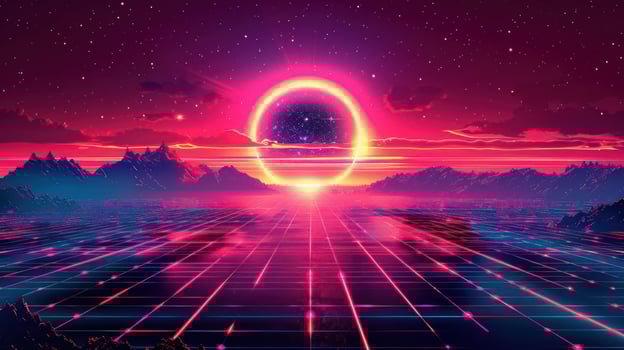 Futuristic landscape with a vibrant sunset, neon colors reflecting on a grid pattern, mountains in background photo