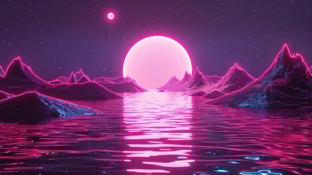 Stunning surreal landscape featuring a vibrant pink sun setting over shimmering waters with mountains photo