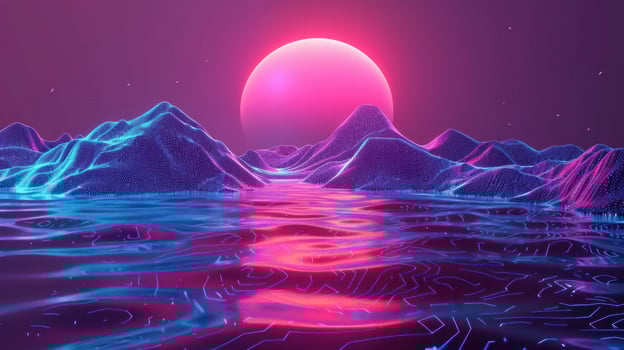 Futuristic landscape with glowing mountains and a vibrant sunset reflecting on water photo