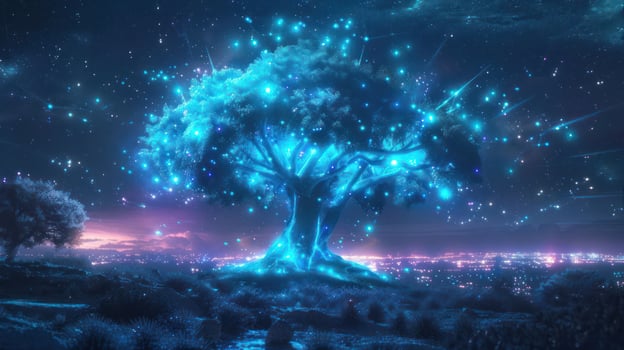 Enchanted luminous tree under a starry sky, illuminating the landscape with magical lights photo