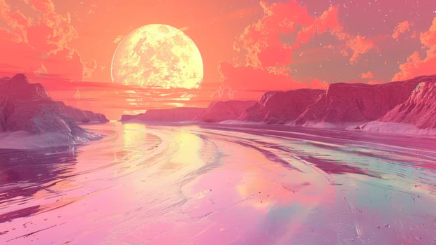 Surreal landscape with vibrant pink sky, glowing moon, and reflective water at sunset photo