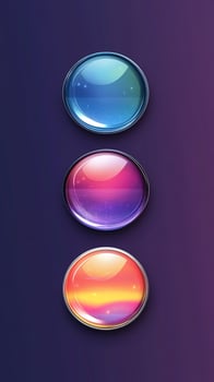 three glossy spheres showing different stages of a sunset on purple background photo