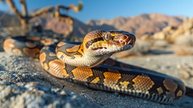 Close-up of a vibrant snake slithering across sandy terrain in a desert landscape under clear skies photo
