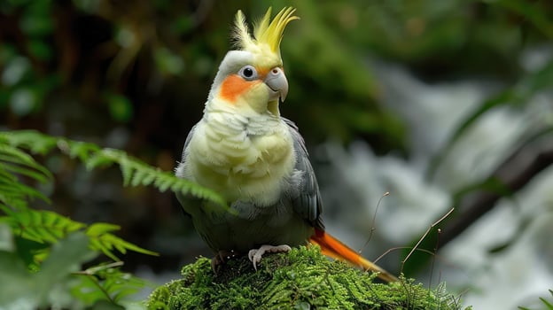 Colorful cockatoo perched on mossy rock amidst lush greenery and flowing water in background photo