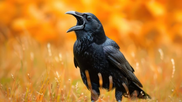 A striking black crow vocalizing amidst a vibrant autumn landscape filled with orange foliage photo