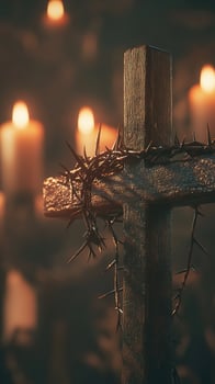 crown of thorns resting on wooden cross with burning candles in background photo