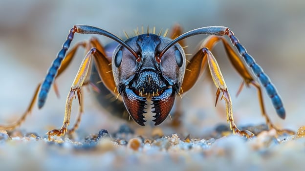 Close-up view of an ant showcasing intricate details and textures on a sandy surface photo
