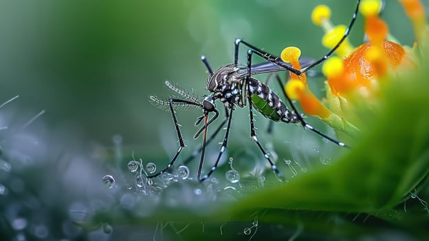 Close-up of a mosquito perched on a dewy green leaf with vibrant flowers in the background photo