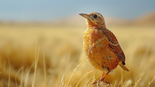 A vibrant bird perched on a rock amidst golden grasslands under a clear blue sky photo