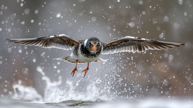 A bird takes flight over a snowy landscape, splashing water while snowflakes fall around photo