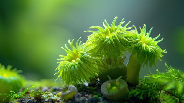 Vibrant green underwater flora showcasing delicate textures and forms in a serene aquatic environment photo