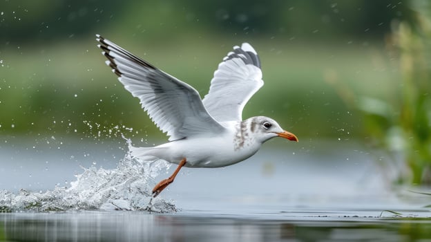 A graceful seagull skimming the water's surface, creating splashes while flying near lush greenery photo